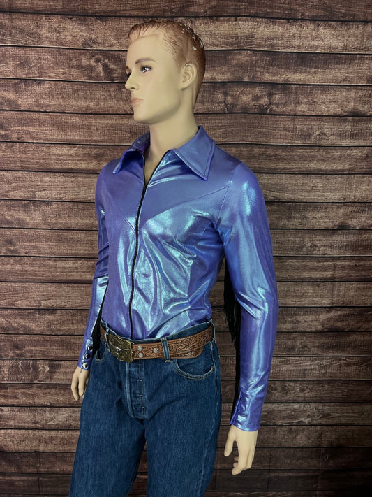 Mens Lavender Ice Zipper Front Rodeo Shirt with Black Fringe - Riverside Rodeo Shirts