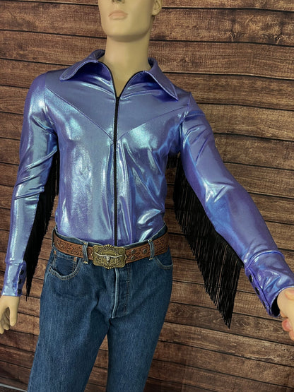 Mens Lavender Ice Zipper Front Rodeo Shirt with Black Fringe - Riverside Rodeo Shirts