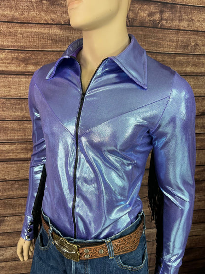 Mens Lavender Ice Zipper Front Rodeo Shirt with Black Fringe - Riverside Rodeo Shirts