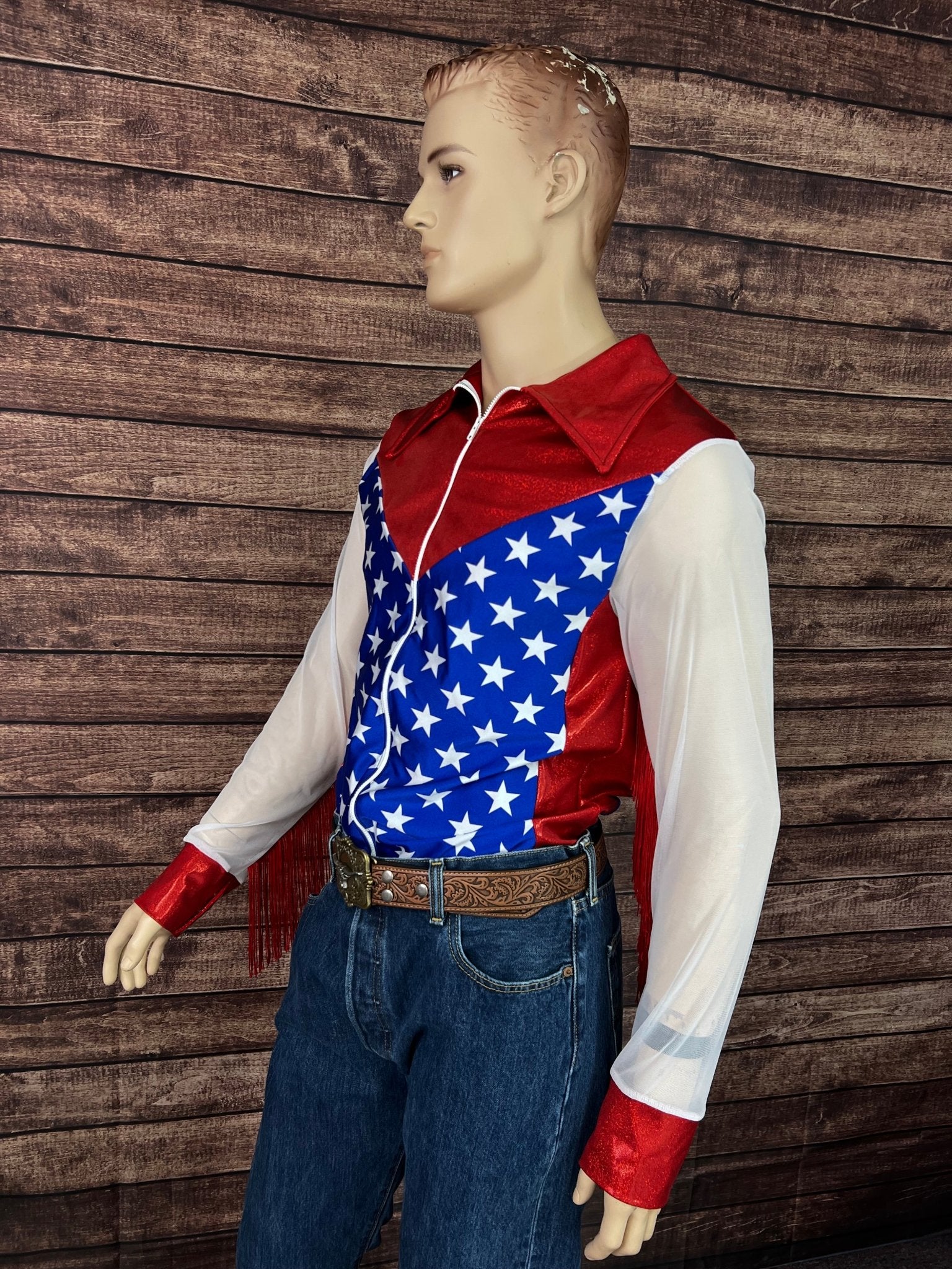 Mens Star Spangled Mesh Sleeve, Zipper Front Rodeo Shirt - Riverside Rodeo Shirts
