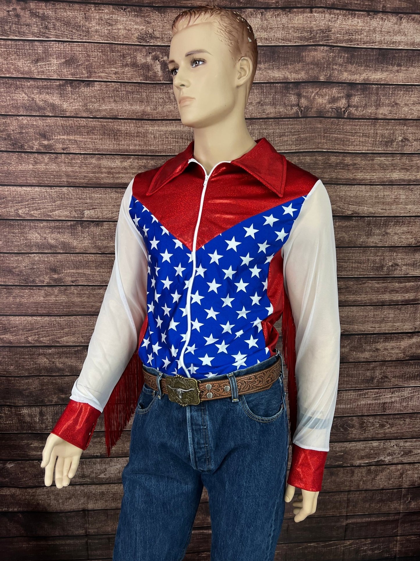 Mens Star Spangled Mesh Sleeve, Zipper Front Rodeo Shirt - Riverside Rodeo Shirts