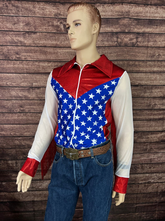 Mens Star Spangled Mesh Sleeve, Zipper Front Rodeo Shirt - Riverside Rodeo Shirts