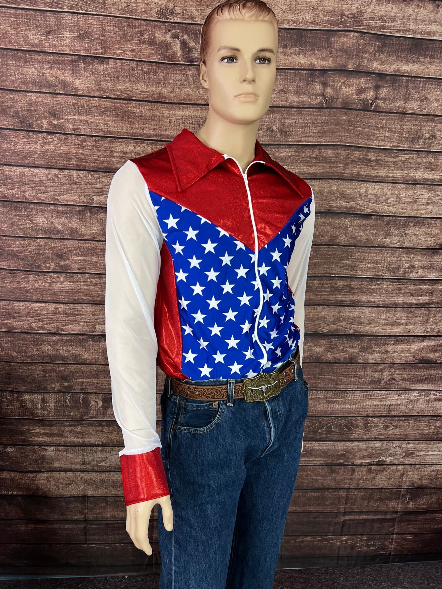 Mens Star Spangled Mesh Sleeve, Zipper Front Rodeo Shirt - Riverside Rodeo Shirts