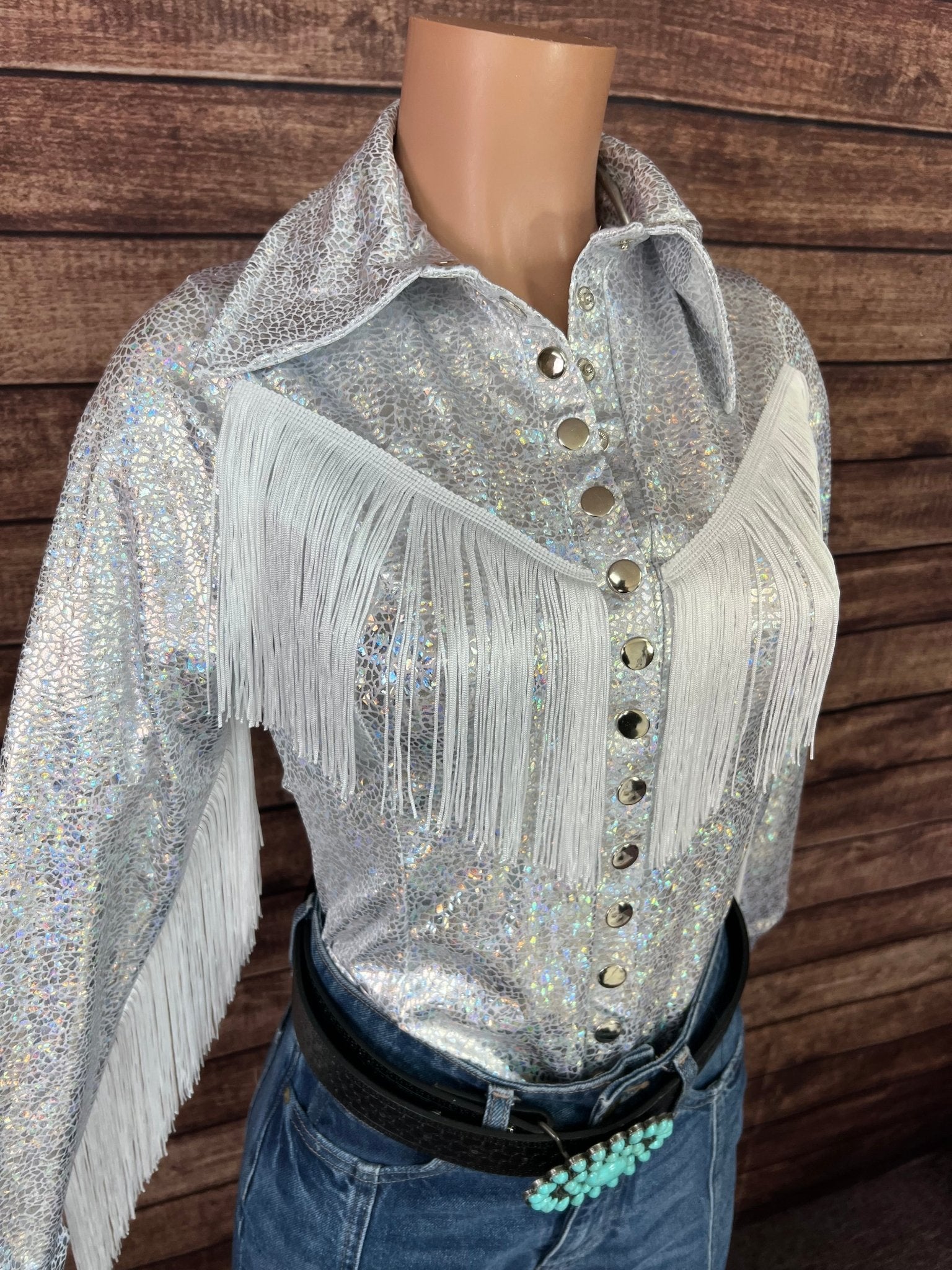 Mesh Sleeve Isabella Snap Front Rodeo Shirt with Sleeve and Yoke Fringe - Riverside Rodeo Shirts