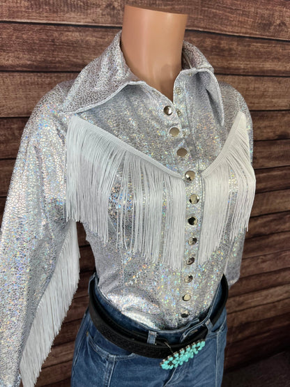 Mesh Sleeve Isabella Snap Front Rodeo Shirt with Sleeve and Yoke Fringe - Riverside Rodeo Shirts