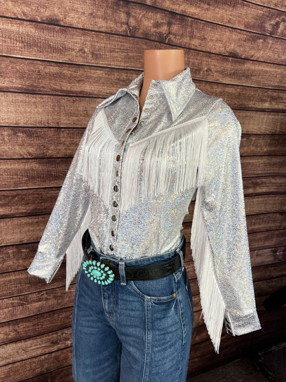 Mesh Sleeve Isabella Snap Front Rodeo Shirt with Sleeve and Yoke Fringe - Riverside Rodeo Shirts