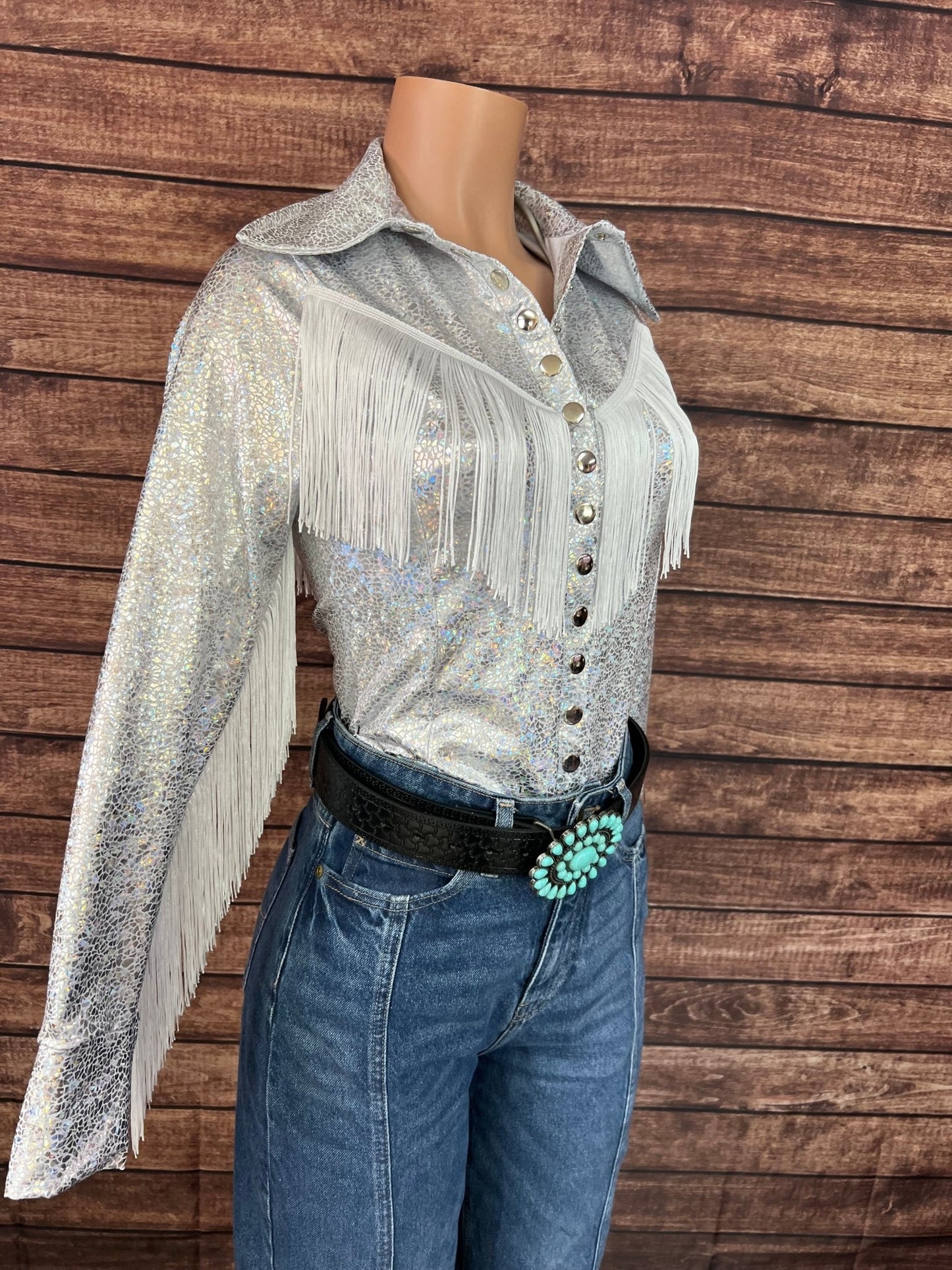 Mesh Sleeve Isabella Snap Front Rodeo Shirt with Sleeve and Yoke Fringe - Riverside Rodeo Shirts