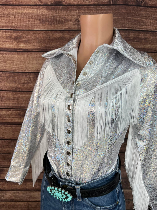 Mesh Sleeve Isabella Snap Front Rodeo Shirt with Sleeve and Yoke Fringe - Riverside Rodeo Shirts