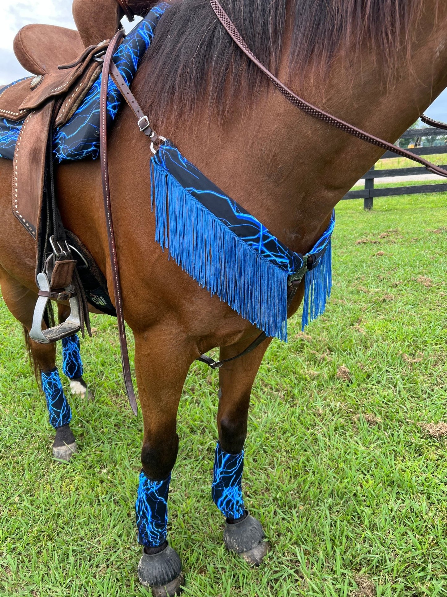 Neon Blue Lightning Breast Collar Cover with Chainette Fringe (Covers ONLY) - Riverside Rodeo Shirts