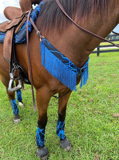 Neon Blue Lightning Breast Collar Cover with Chainette Fringe (Covers ONLY) - Riverside Rodeo Shirts