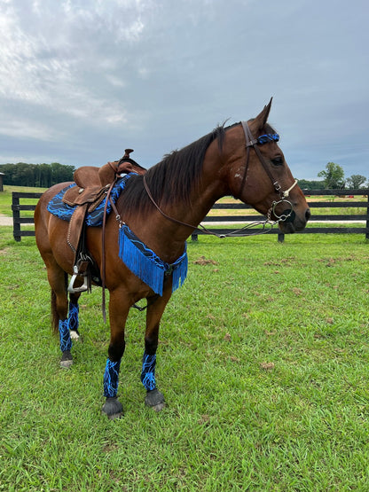 Neon Blue Lightning Breast Collar Cover with Chainette Fringe (Covers ONLY) - Riverside Rodeo Shirts