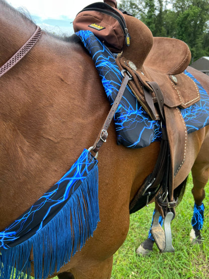 Neon Blue Lightning Breast Collar Cover with Chainette Fringe (Covers ONLY) - Riverside Rodeo Shirts