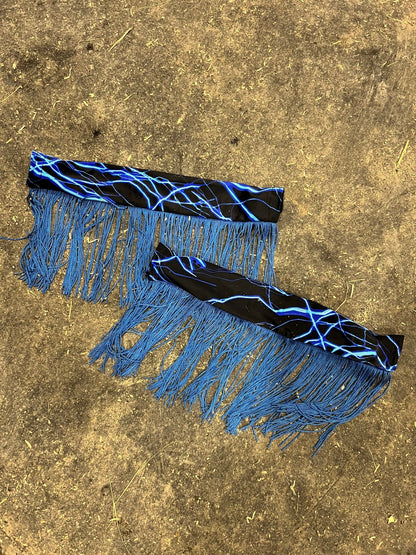 Neon Blue Lightning Breast Collar Cover with Chainette Fringe (Covers ONLY) - Riverside Rodeo Shirts