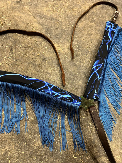Neon Blue Lightning Breast Collar Cover with Chainette Fringe (Covers ONLY) - Riverside Rodeo Shirts