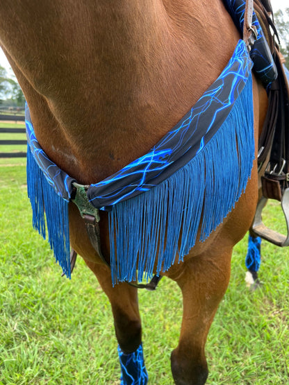 Neon Blue Lightning Breast Collar Cover with Chainette Fringe (Covers ONLY) - Riverside Rodeo Shirts