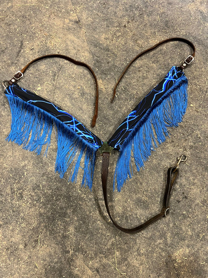 Neon Blue Lightning Breast Collar Cover with Chainette Fringe (Covers ONLY) - Riverside Rodeo Shirts