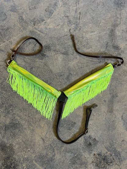 Neon Lime Green Holographic Breast Collar Cover with Chainette Fringe (Covers ONLY) - Riverside Rodeo Shirts