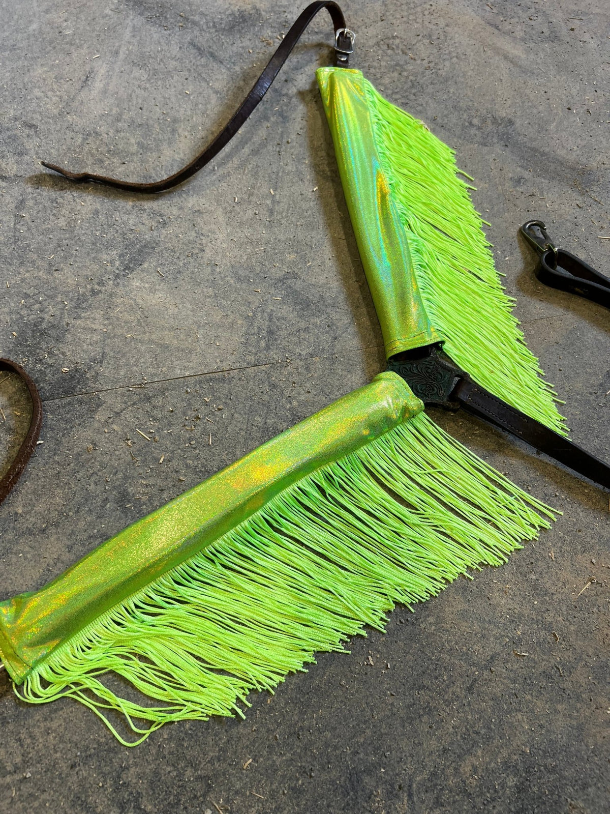 Neon Lime Green Holographic Breast Collar Cover with Chainette Fringe (Covers ONLY) - Riverside Rodeo Shirts