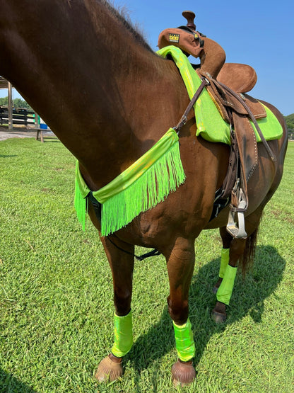 Neon Lime Green Holographic Breast Collar Cover with Chainette Fringe (Covers ONLY) - Riverside Rodeo Shirts