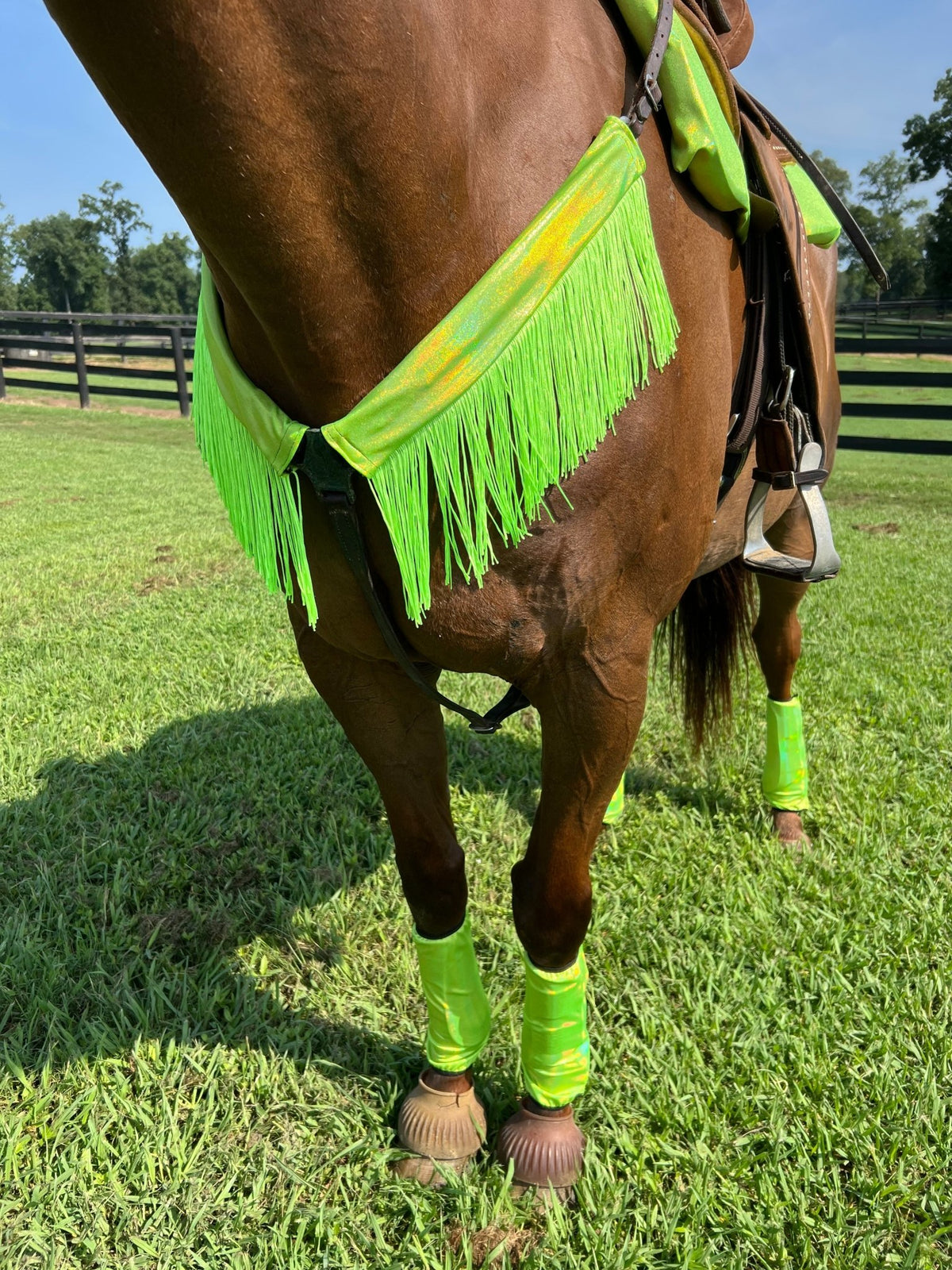 Neon Lime Green Holographic Breast Collar Cover with Chainette Fringe (Covers ONLY) - Riverside Rodeo Shirts