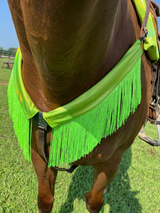 Neon Lime Green Holographic Breast Collar Cover with Chainette Fringe (Covers ONLY) - Riverside Rodeo Shirts