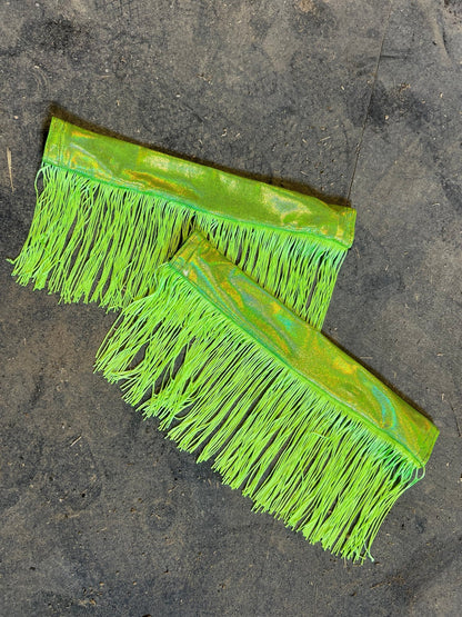 Neon Lime Green Holographic Breast Collar Cover with Chainette Fringe (Covers ONLY) - Riverside Rodeo Shirts