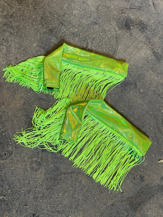 Neon Lime Green Holographic Breast Collar Cover with Chainette Fringe (Covers ONLY) - Riverside Rodeo Shirts