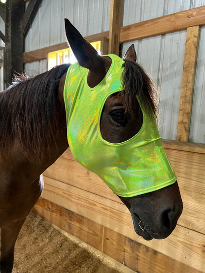 Neon Lime Green Holographic Spandex Face Mask for Horses - Riverside Rodeo Shirts