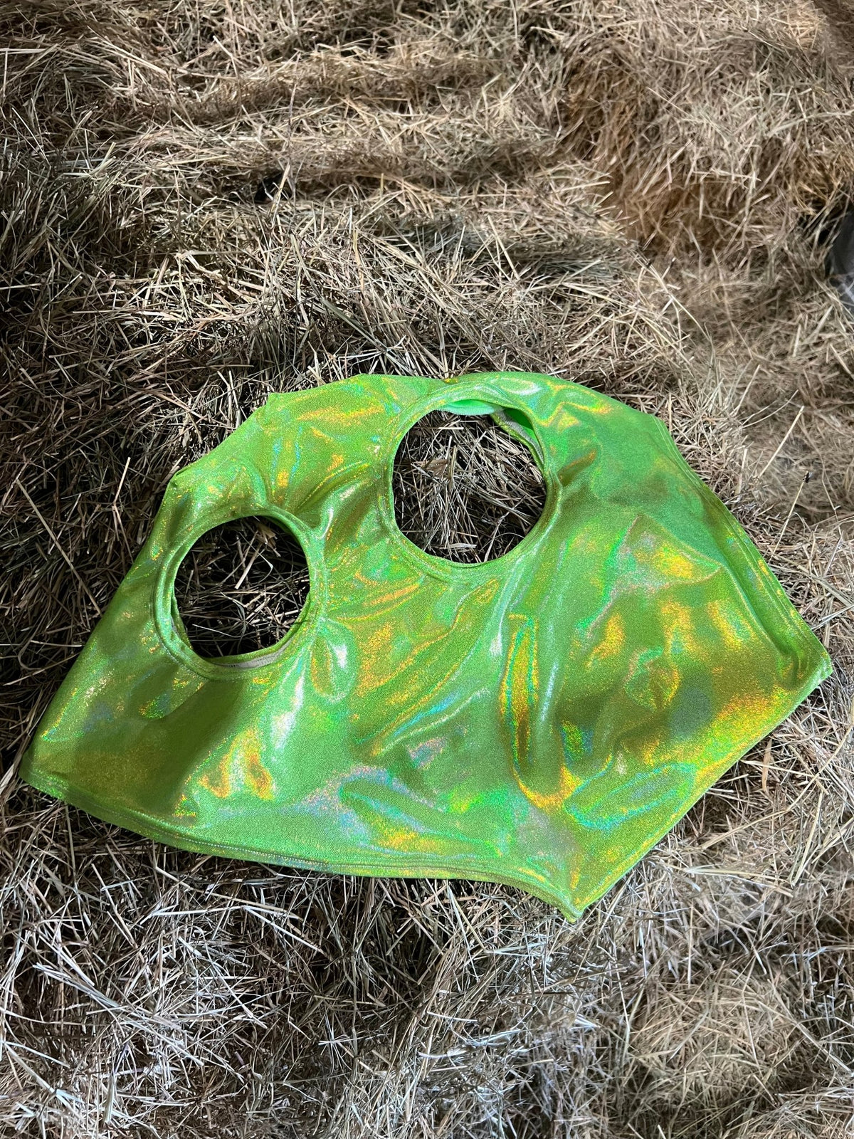 Neon Lime Green Holographic Spandex Face Mask for Horses - Riverside Rodeo Shirts