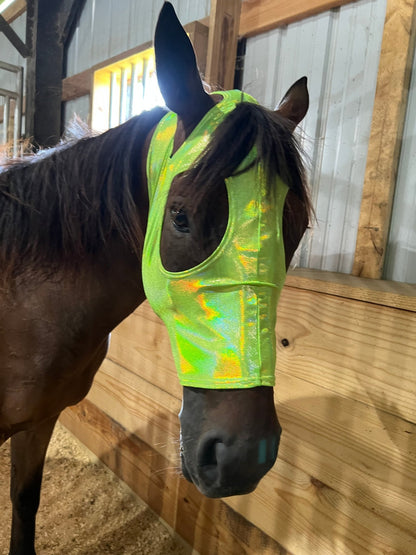 Neon Lime Green Holographic Spandex Face Mask for Horses - Riverside Rodeo Shirts