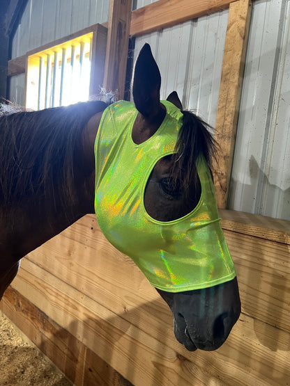 Neon Lime Green Holographic Spandex Face Mask for Horses - Riverside Rodeo Shirts