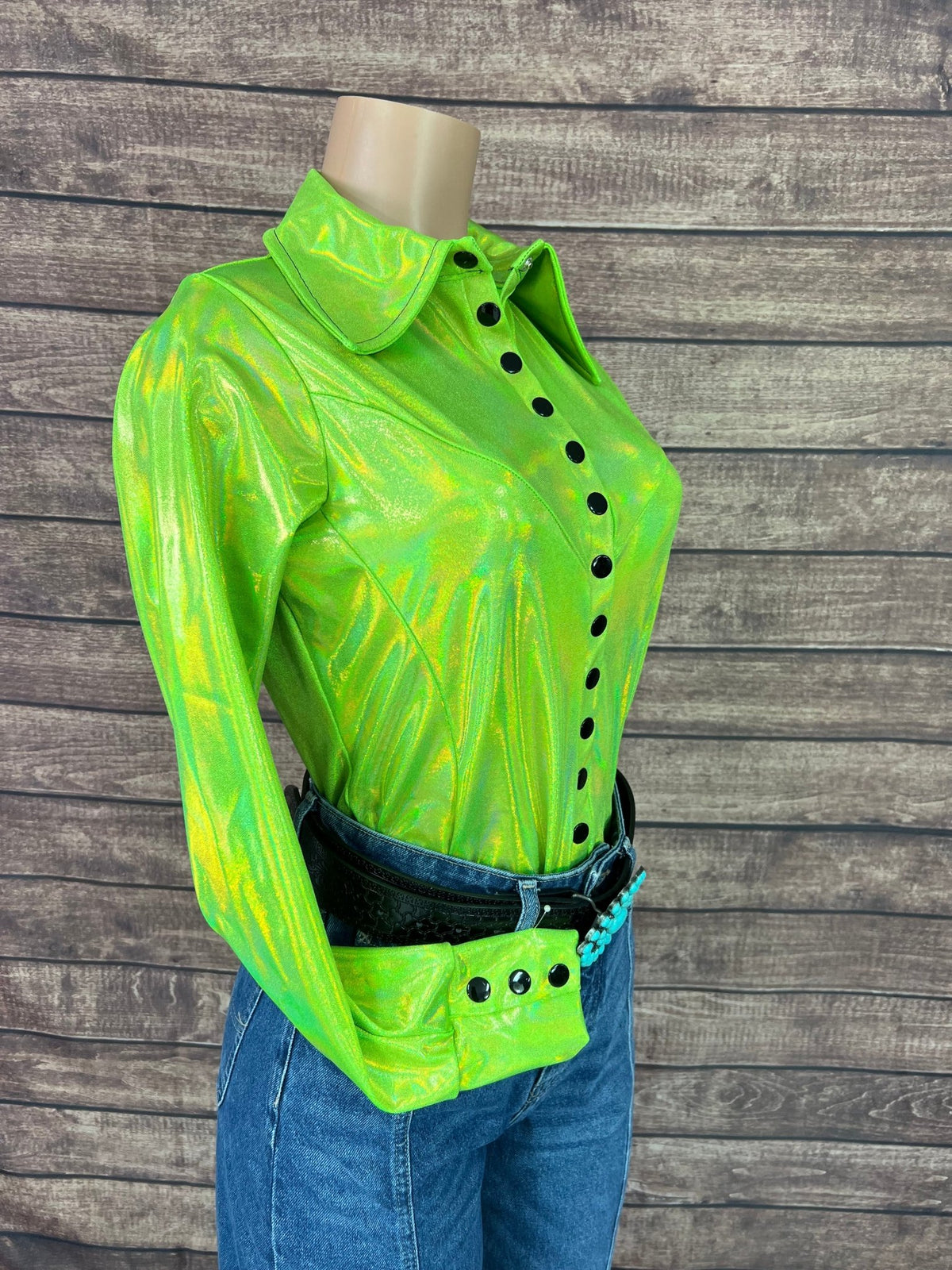 Neon Lime Holographic Snap Front Rodeo Shirt - Riverside Rodeo Shirts