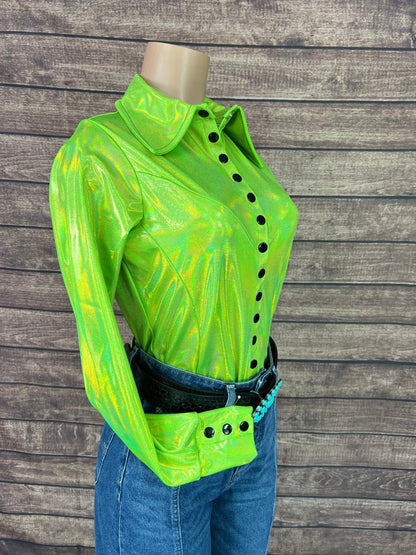 Neon Lime Holographic Snap Front Rodeo Shirt - Riverside Rodeo Shirts