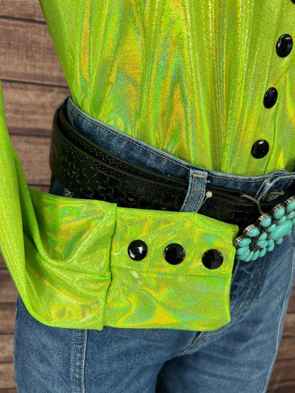 Neon Lime Holographic Snap Front Rodeo Shirt - Riverside Rodeo Shirts