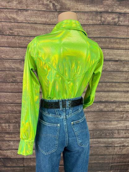 Neon Lime Holographic Snap Front Rodeo Shirt - Riverside Rodeo Shirts