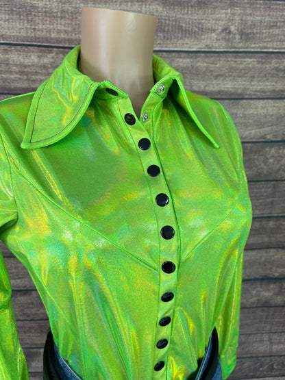 Neon Lime Holographic Snap Front Rodeo Shirt - Riverside Rodeo Shirts