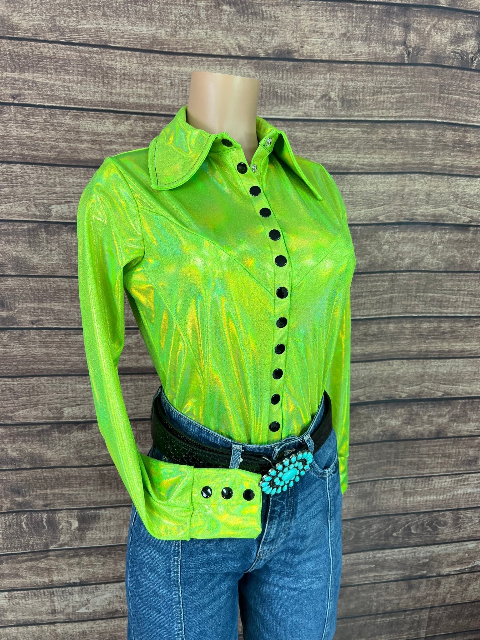 Neon Lime Holographic Snap Front Rodeo Shirt - Riverside Rodeo Shirts