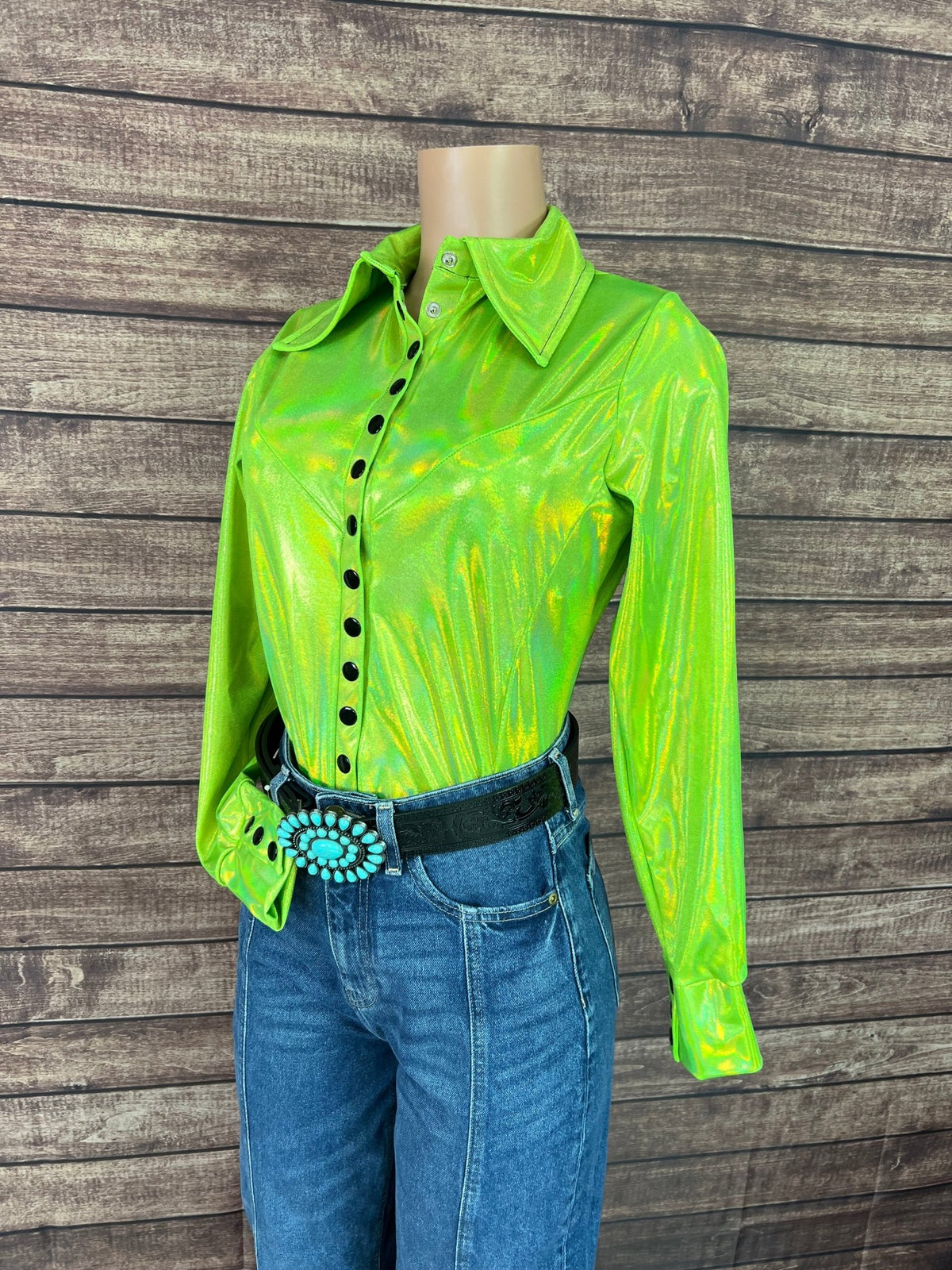 Neon Lime Holographic Snap Front Rodeo Shirt - Riverside Rodeo Shirts