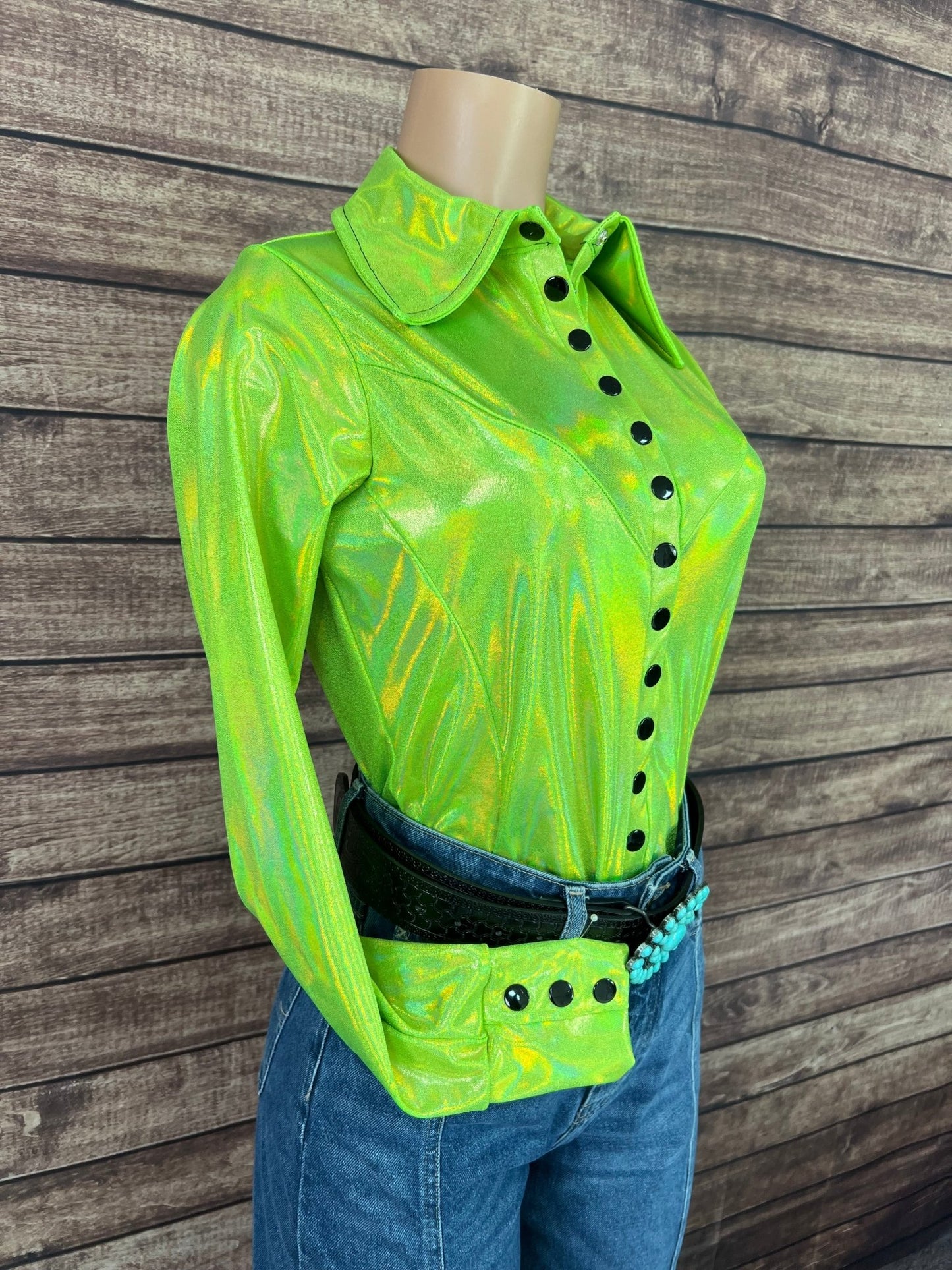 Neon Lime Holographic Snap Front Rodeo Shirt - Riverside Rodeo Shirts