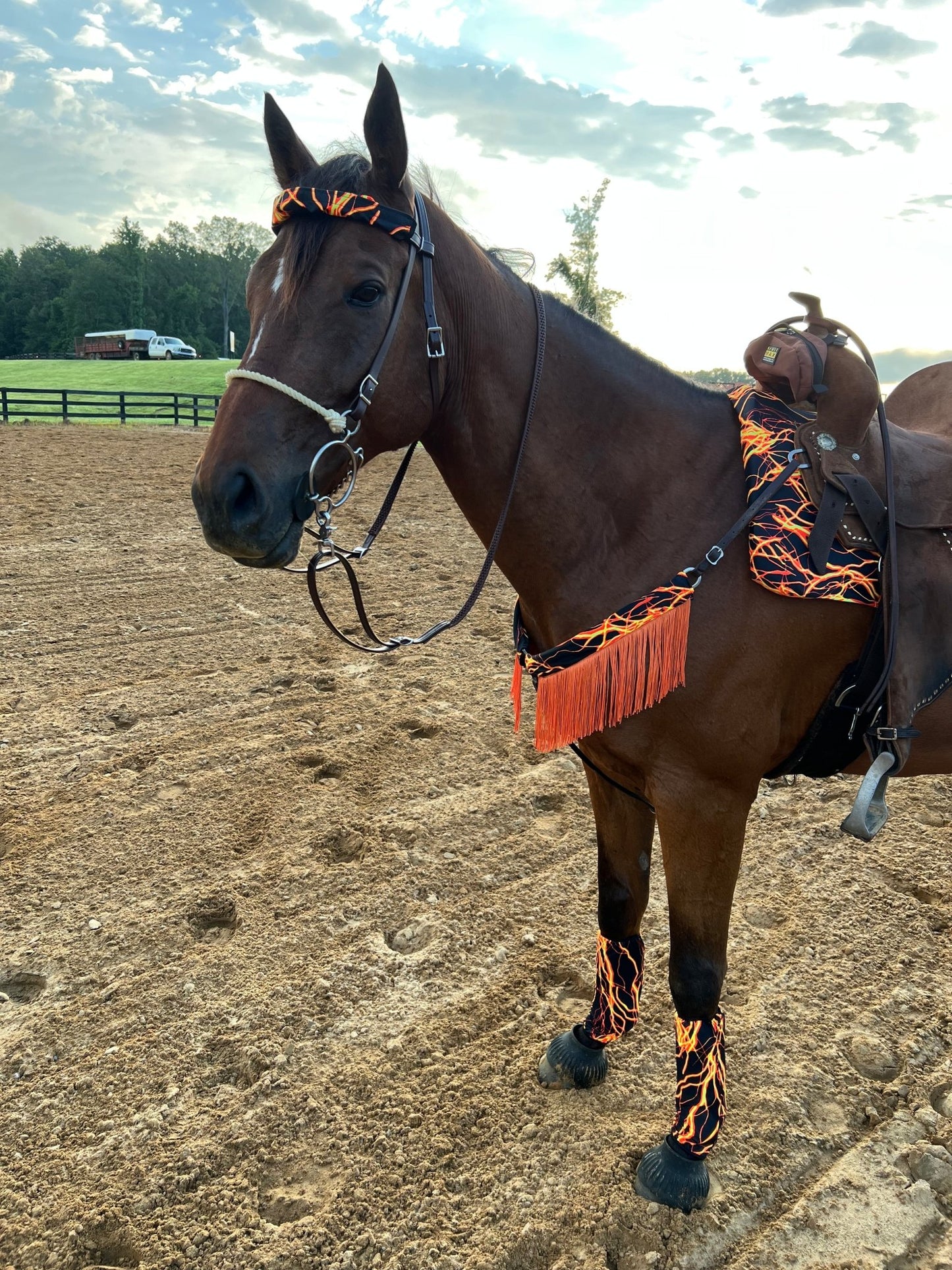 Neon Orange Lightning Breast Collar Cover with Chainette Fringe (Covers ONLY) - Riverside Rodeo Shirts