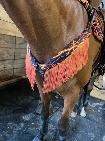Neon Orange Lightning Breast Collar Cover with Chainette Fringe (Covers ONLY) - Riverside Rodeo Shirts
