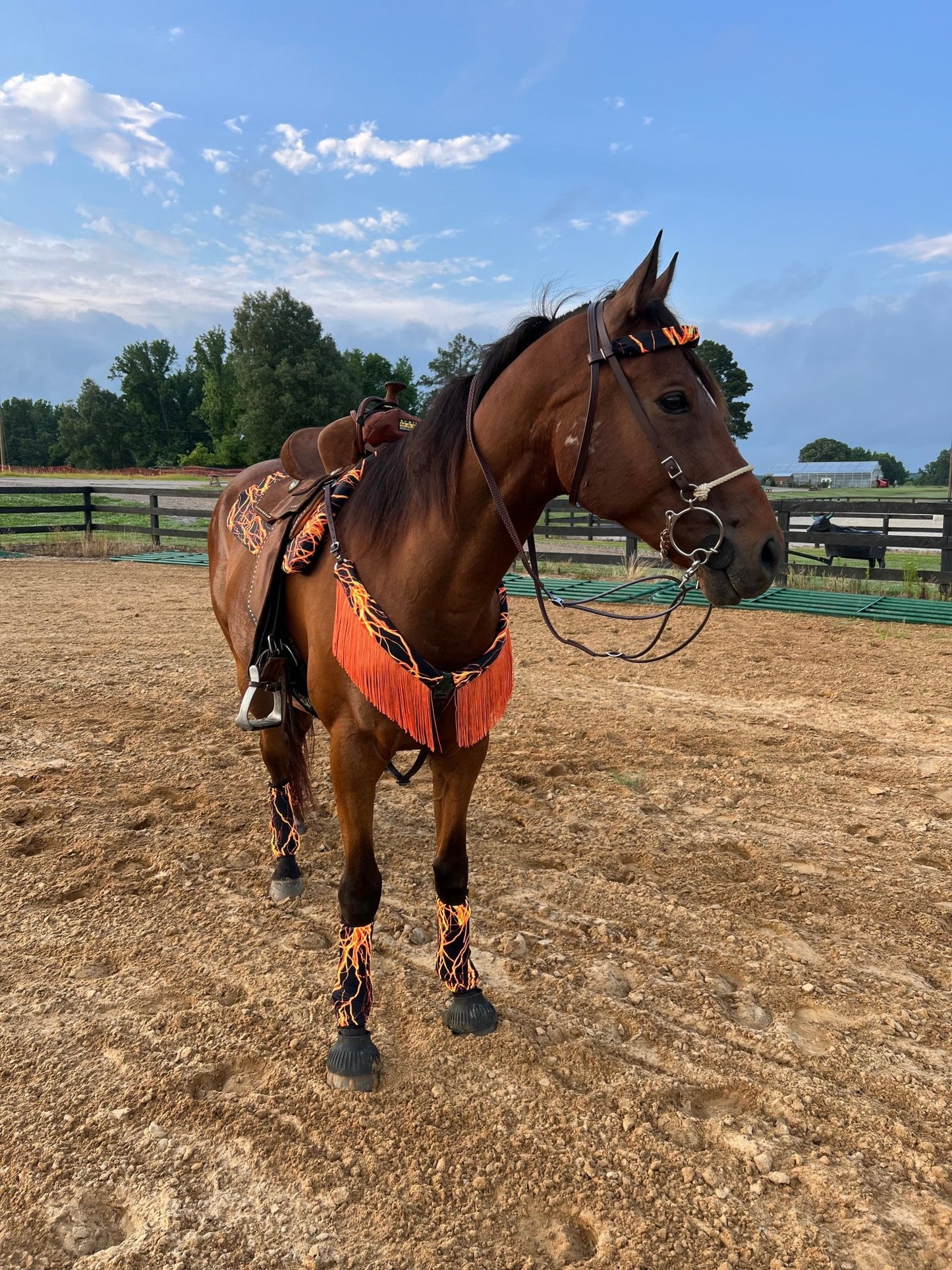 Neon Orange Lightning Breast Collar Cover with Chainette Fringe (Covers ONLY) - Riverside Rodeo Shirts
