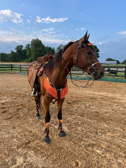 Neon Orange Lightning Breast Collar Cover with Chainette Fringe (Covers ONLY) - Riverside Rodeo Shirts