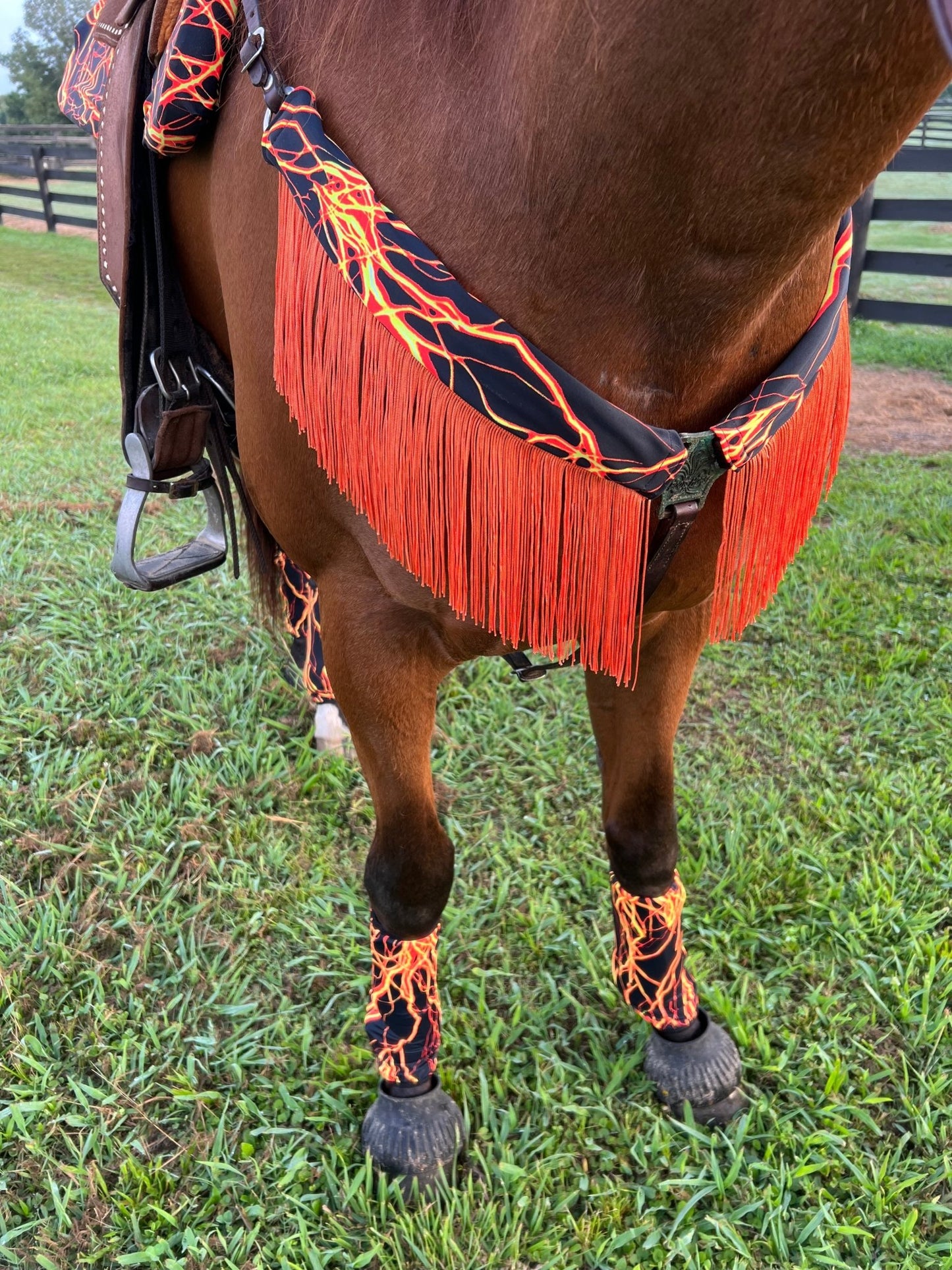 Neon Orange Lightning Breast Collar Cover with Chainette Fringe (Covers ONLY) - Riverside Rodeo Shirts