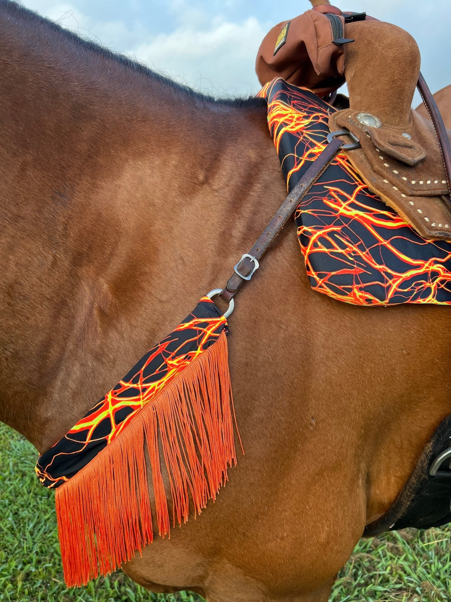 Neon Orange Lightning Breast Collar Cover with Chainette Fringe (Covers ONLY) - Riverside Rodeo Shirts