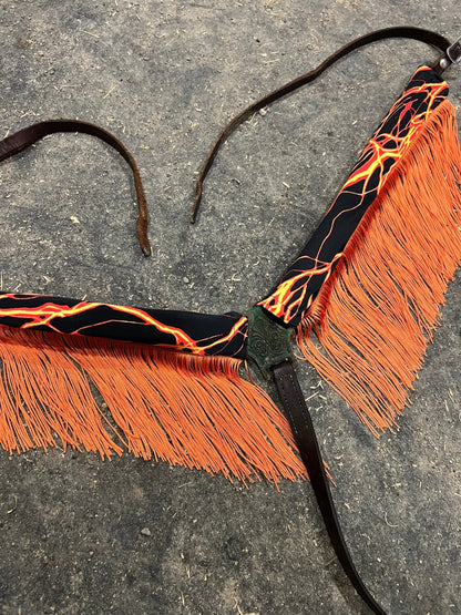 Neon Orange Lightning Breast Collar Cover with Chainette Fringe (Covers ONLY) - Riverside Rodeo Shirts