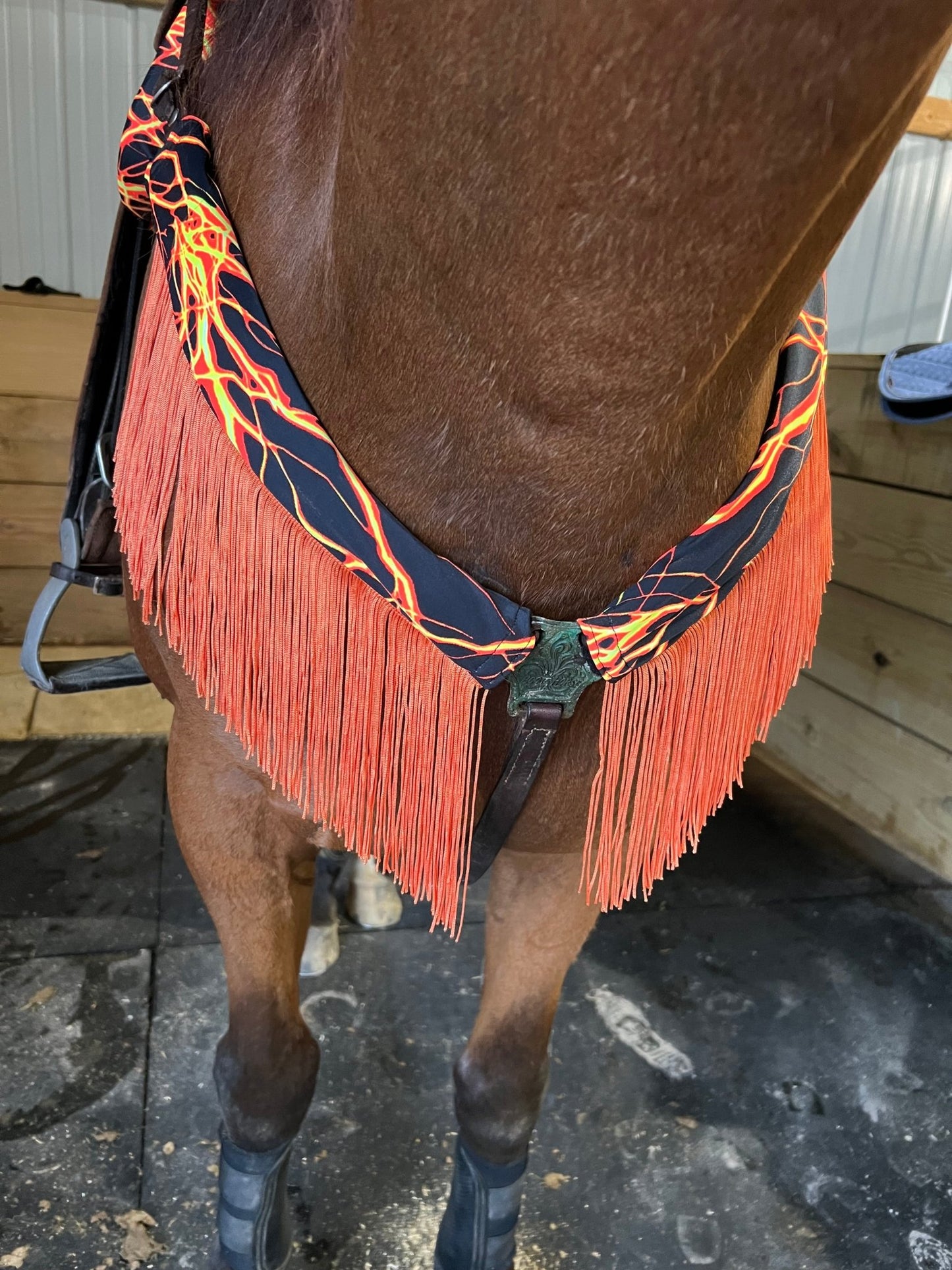 Neon Orange Lightning Breast Collar Cover with Chainette Fringe (Covers ONLY) - Riverside Rodeo Shirts