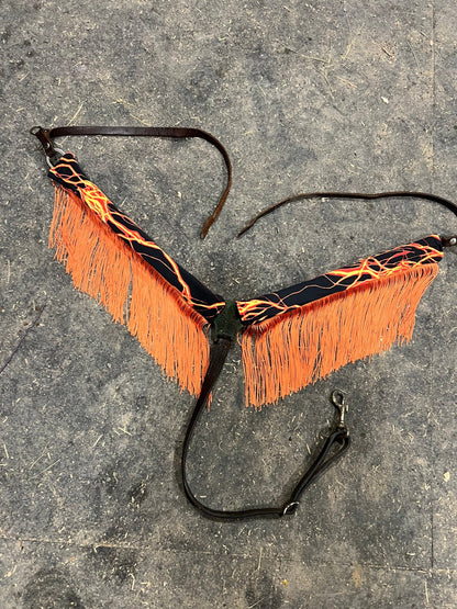 Neon Orange Lightning Breast Collar Cover with Chainette Fringe (Covers ONLY) - Riverside Rodeo Shirts