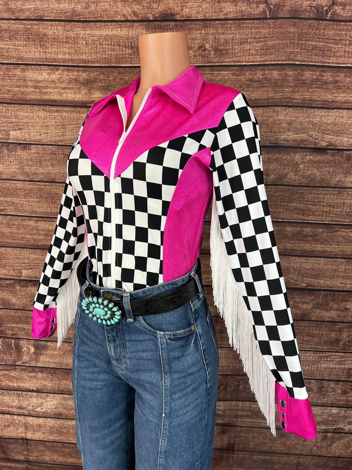 Neon Pink and Checkered Rodeo Shirt - Riverside Rodeo Shirts