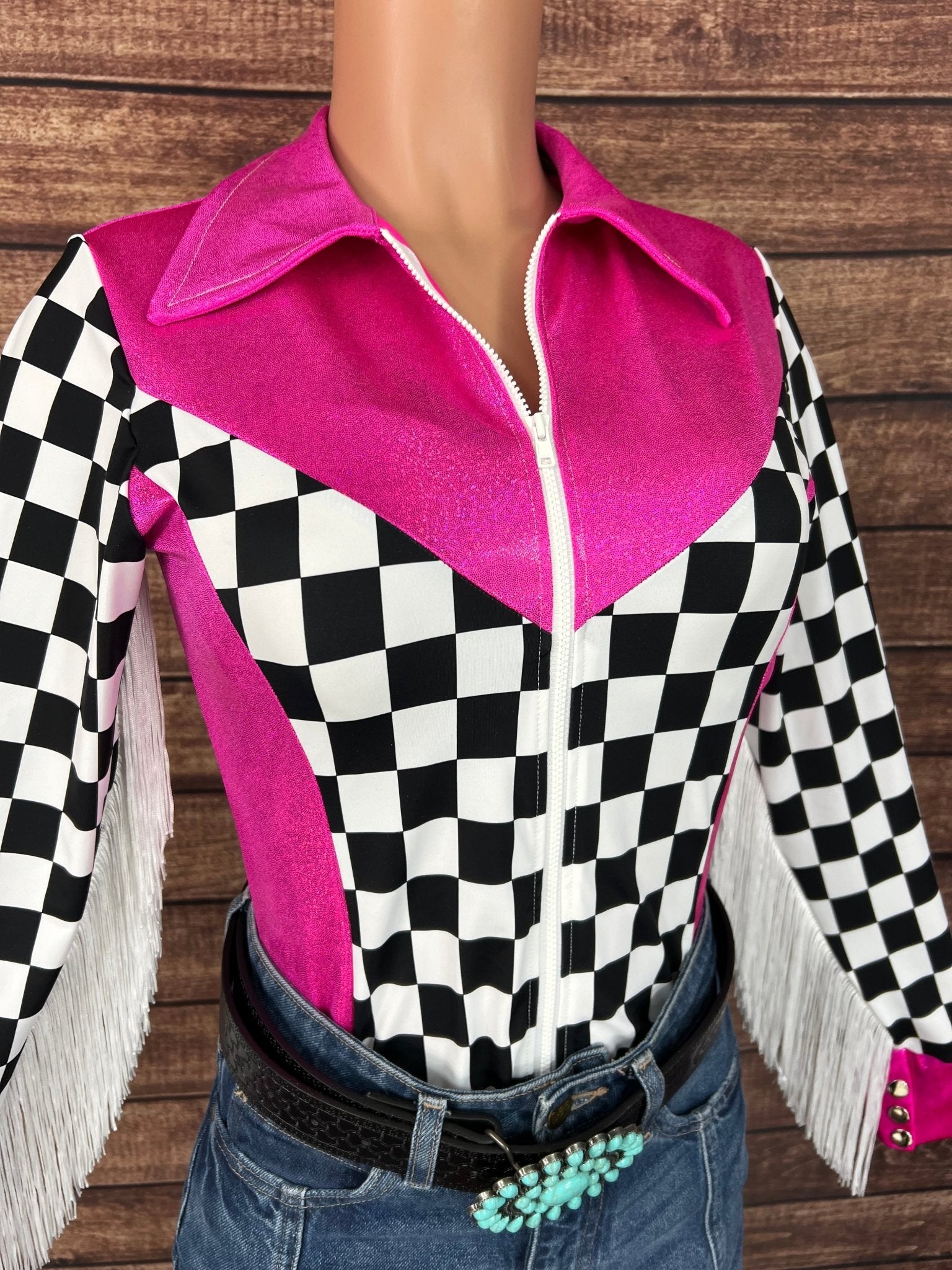 Neon Pink and Checkered Rodeo Shirt - Riverside Rodeo Shirts